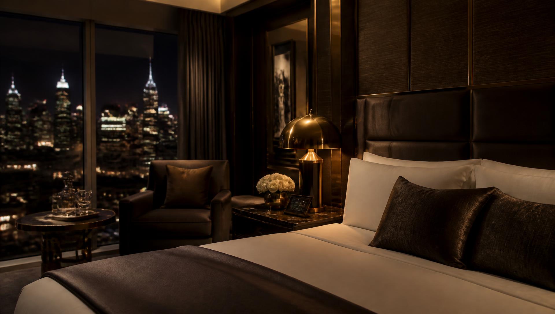 Illuminated luxury hotel suite overlooking a city skyline at night