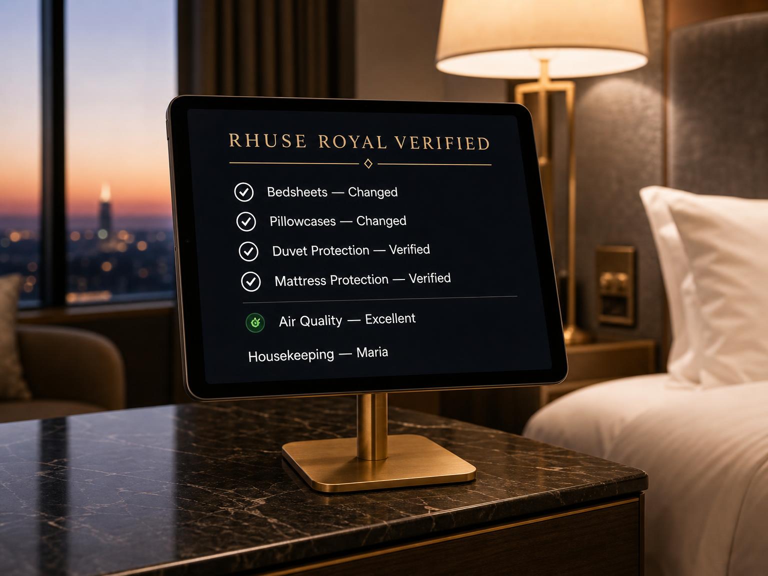 In-room tablet on a stand displaying the RoyalClean Verified checklist: bedsheets changed, pillowcases changed, duvet and mattress protection verified, air quality excellent, housekeeping by Maria